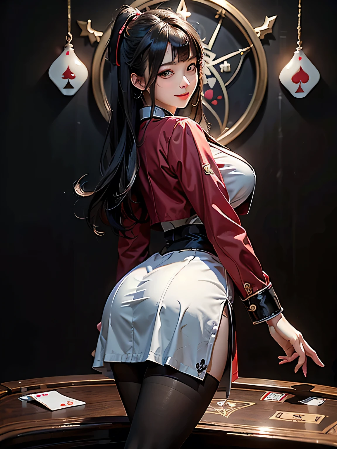 magic circle, RAW Photos、(Realistic)、(Super detailed)、(High resolution:1.37)、(masterpiece)、(Highest quality)、(8k)、(Ultra-Details)、Angle from below、Back view、(Perfect Anatomy:1.3)、(Beautiful Eyes)、Female gambler in school uniform playing card games、One girl、Looking back at the viewer、(A red blazer uniform with black collar and cuffs)、(Grey pleated skirt)、Black ribbon tie、Black Pantyhose、Long straight black hair、(Bangs、Hime cut)、(Super hourglass body type:1.3)、(Super big breasts pointing upwards:1.3)、Her eyes glow red when she plays games、Holding playing cards in hand、Correct fingers、Lots of playing cards、Stacked poker chips、Card game table、A confident smile、(blush)、Sexy acrobatic gambler pose、Movie Scenes、Concept Art