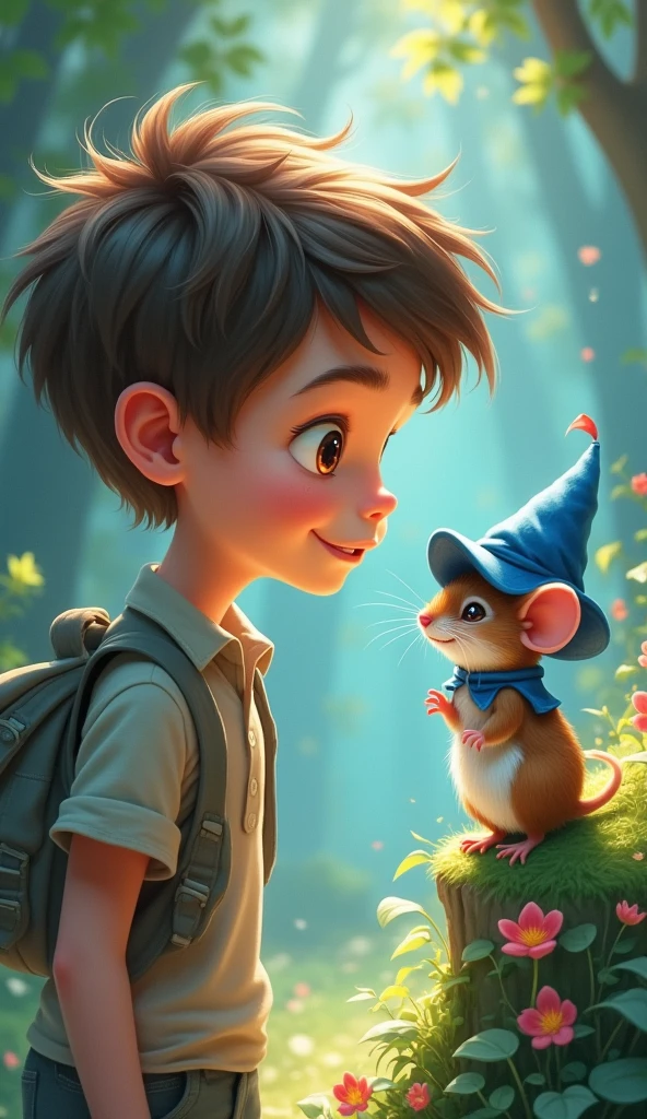 or (( boy)) looking at a little mouse (( animal))、who wears a small blue hat. Fantasy Creation Illustration , aspect ratio 1080px by 1920px