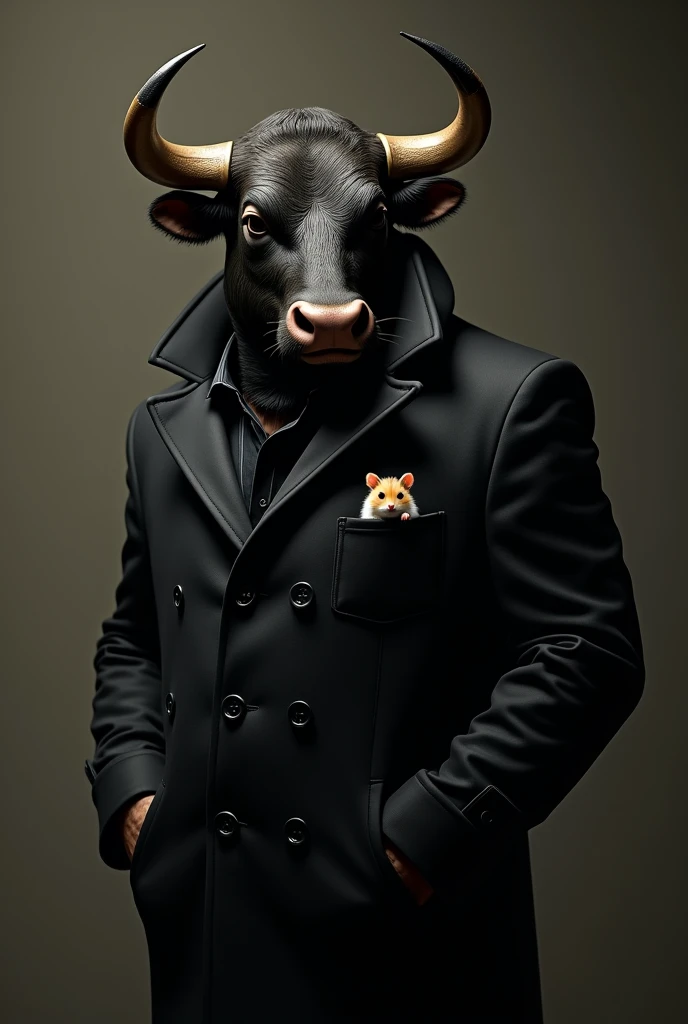 A Billionaire bull wearing a black coat and having a small hamster in his coat pocket
