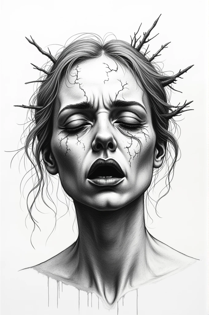 Woman with face falling apart surrealist style pen drawing
