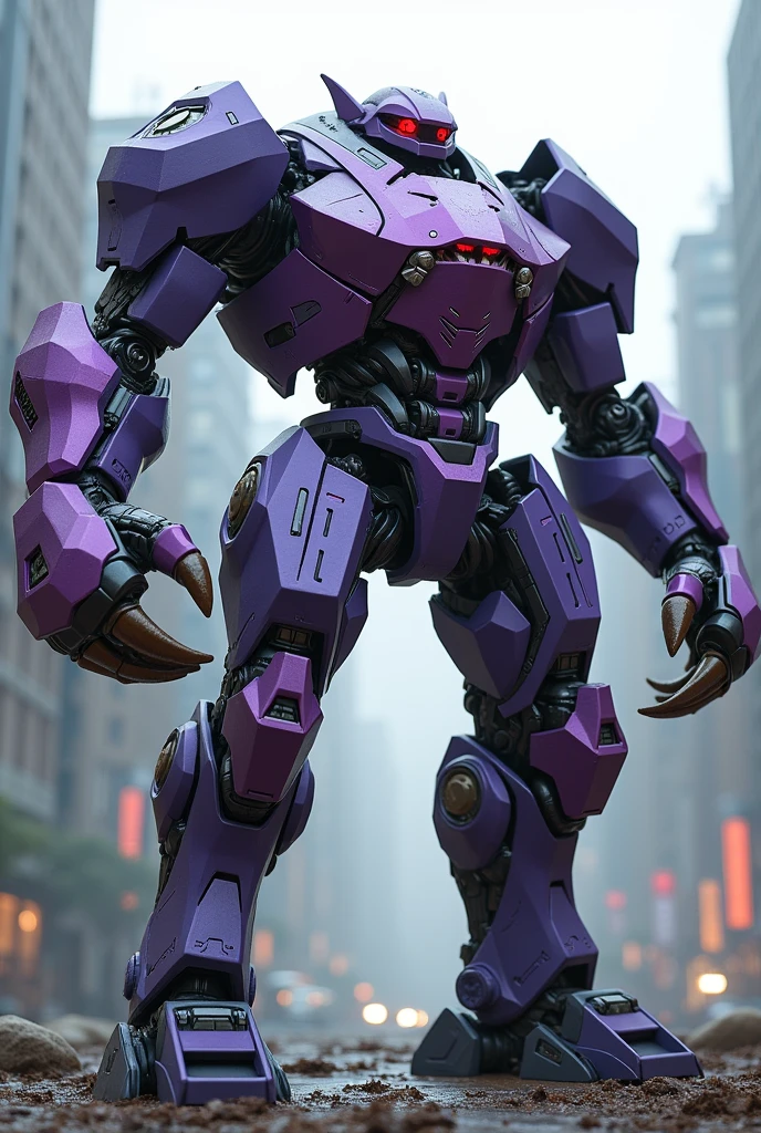 a highly detailed hexagonal prism robot with crab-like legs, red eyes, sharp teeth, a purple crab-shaped body, floating and flying. claw hand. high tech design. hulkbuster body. mecha robot. big bazooka. robot trex legs.
