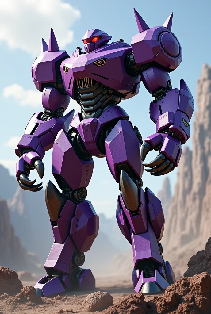 a highly detailed hexagonal prism robot with crab-like legs, red eyes, sharp teeth, a purple crab-shaped body, floating and flying. claw hand. high tech design. hulkbuster body. mecha robot. big bazooka. robot trex legs. 