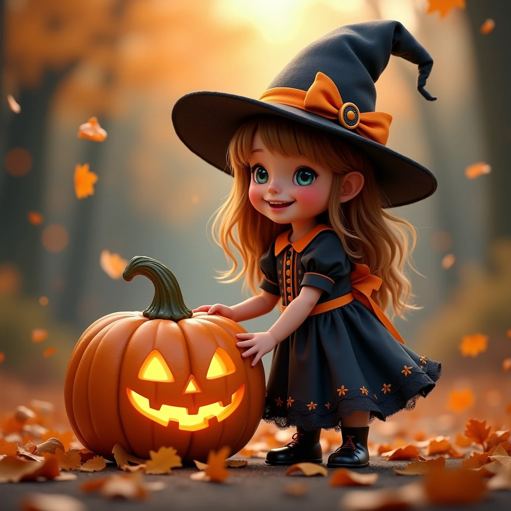 "A delightful Halloween scene featuring a young girl with a bright, cheerful smile, wearing a classic witch hat adorned with a playful buckle and a ribbon. She is dressed in a whimsical witch costume with a flowing black dress and orange accents. The girl is holding a plump, carved pumpkin with a friendly, glowing face, which she has set down beside her. The pumpkin’s light gently illuminates her face, adding a warm, festive glow to the scene. The background is a soft, autumnal setting with hints of falling leaves and a gentle, golden glow from a setting sun. The overall color scheme includes rich blacks, vibrant oranges, and warm yellows, creating a joyful and enchanting Halloween atmosphere. The scene conveys a sense of fun and celebration, capturing the spirit of Halloween through the girl's expressive smile and the glowing pumpkin."