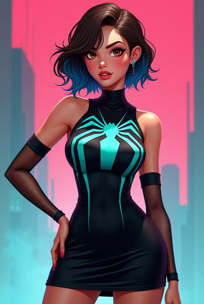 ((art animation 2D)) 20 year old woman with short wavy brown hair with dark blue dyed tips, Brown eyes, with good body, wearing a sleeveless black dress with a turquoise Spiderman logo on the chest with mesh sleeves