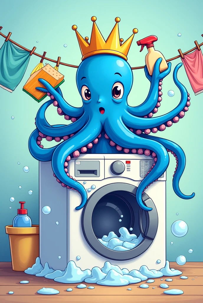 a blue KLEIN octopus , on top of a washing machine (The machine needs to be open with bubbles coming out of it. It has to have a nice and flashy cartoon style, less realism. It HAS to hold cleaning items. Put a crown on its head. Put a clothesline behind it.