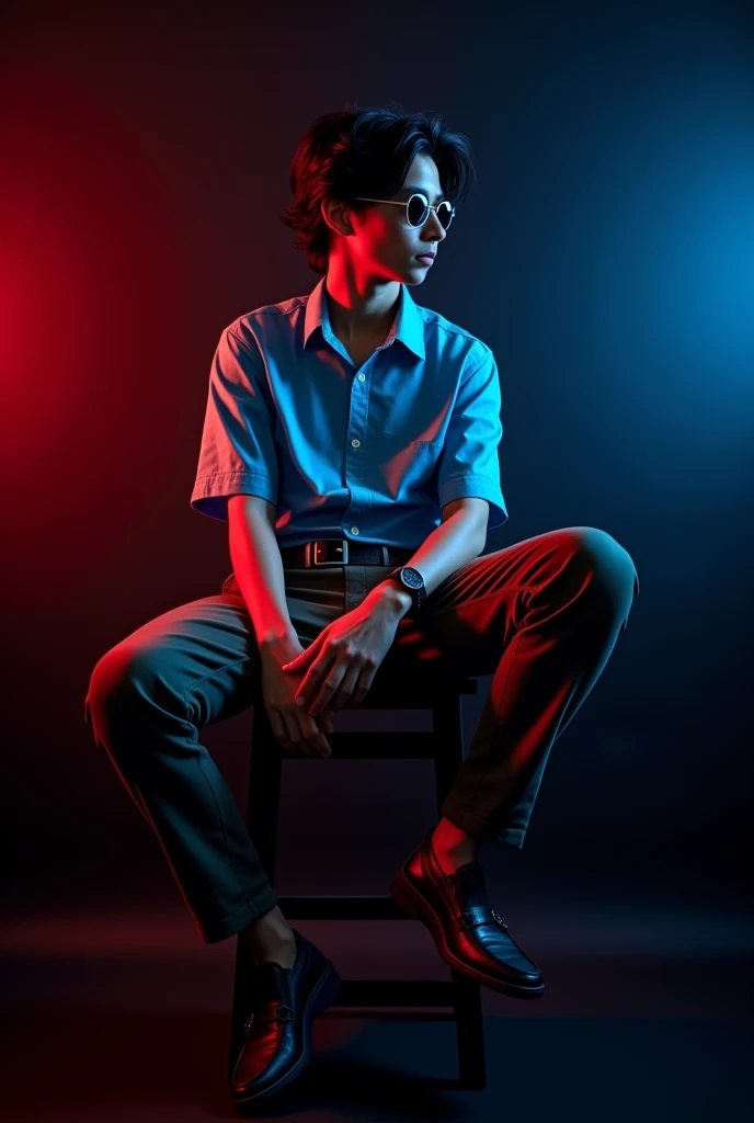 A  tan boy with  and black wave hair and wearing a sunglass and sky blue short sleeve shirt tucked with dark brown belt with black long trousers, old watch, black loafers sitting on black stool and black background red and blue light on it and the boy turning right side and seeing right side 