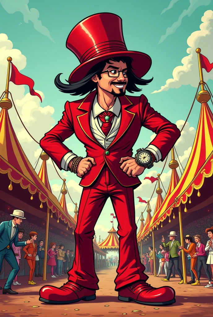 Cartoon big circus show with a pimp in red clothes and a silly looking hat with a wacky watch on his wrist
