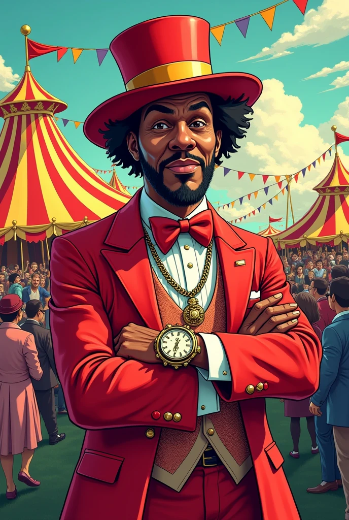 Cartoon big circus show with a pimp in red clothes and a silly looking hat with a wacky watch on his wrist