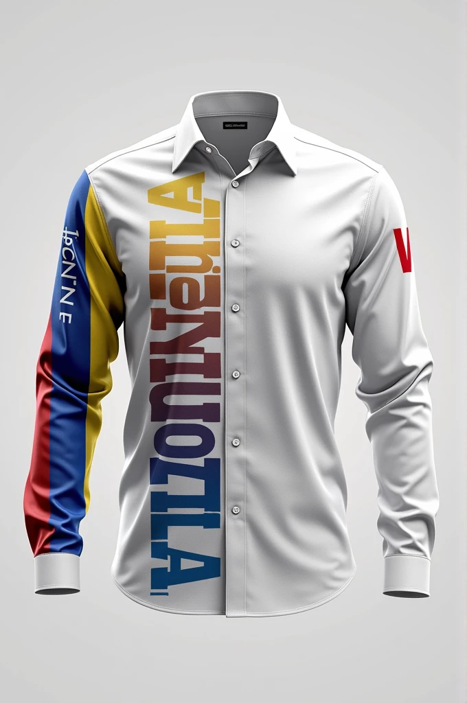 White long sleeve collared dress shirt design, On the front part have the text "SALE" in sky blue and the letter v has a gradient in squares only the tip, On the left side have the text #CONVZLA in yellow colors, blue and red on each letter to make it eye-catching, On one sleeve, have the flag of Venezuela spread out across the entire arm so that its 7 stars stand out.. On the back have the text written "Until the End" with a gradient