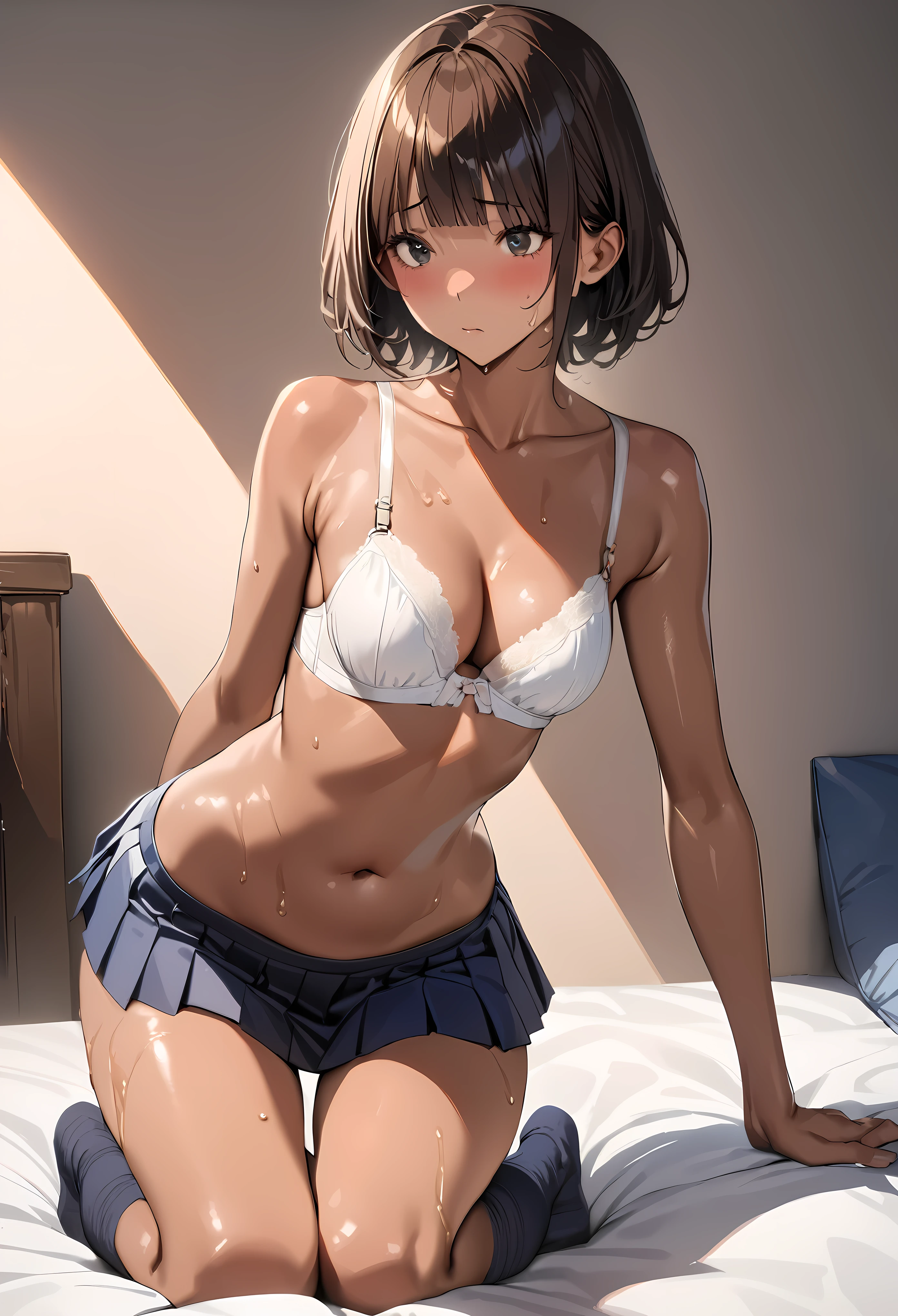 ((masterpiece,best quality anime,Highest quality:1.3)),realistic,cowboy shot,(2 beauty),1woman,solo,((very small head:1.4)),((very long body:1.3)),(short hair),bangs,dark brown hair,gorgeous big eyes,black eyes,shy,too hot,((tan skin:1.3)),(White bra、navel、Navy blue pleated mini skirt,Navy blue socks),((slender body:1.4,skinny)),medium breasts,gleaming skin,shiny skin,oily skin:1.3,sweat:1.5,Love juice、kneeling,Simple bed、Simple bedroom、Sunset、