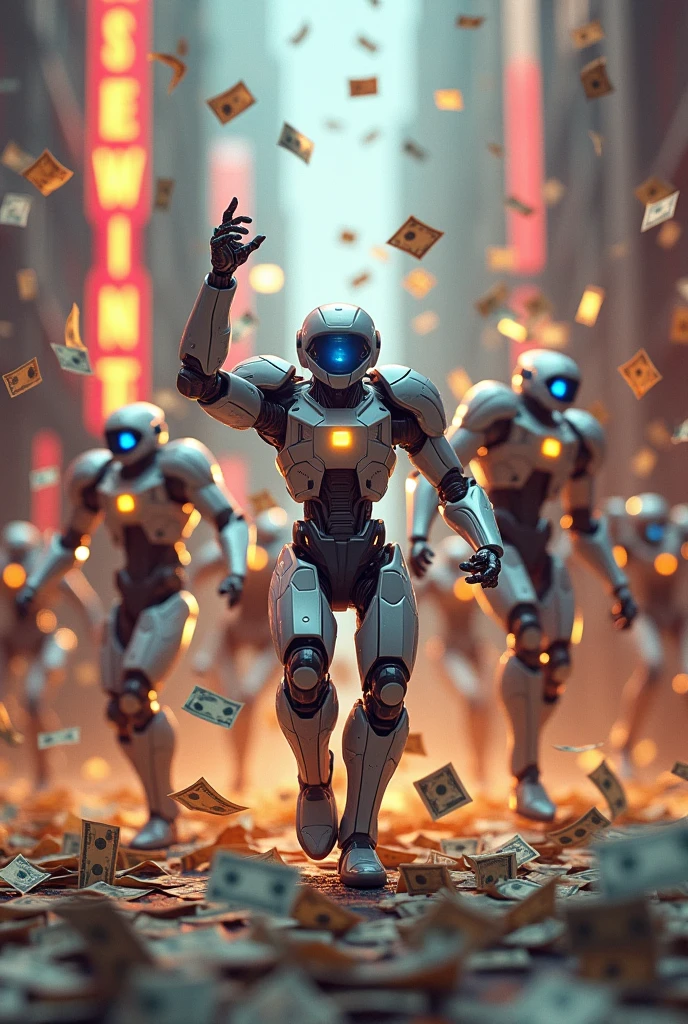 Image of several artificial intelligence robot men celebrating because they achieved victory, with lots of money falling from the sky and lots of wads of money on the floor. In the.image must be the word "WE WON!"