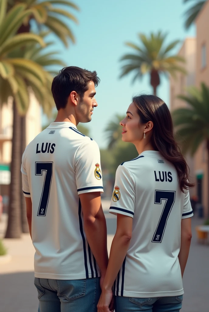 A couple wearing white Real Madrid shirts with the number 7 and the man saying Luis and the woman Yeica