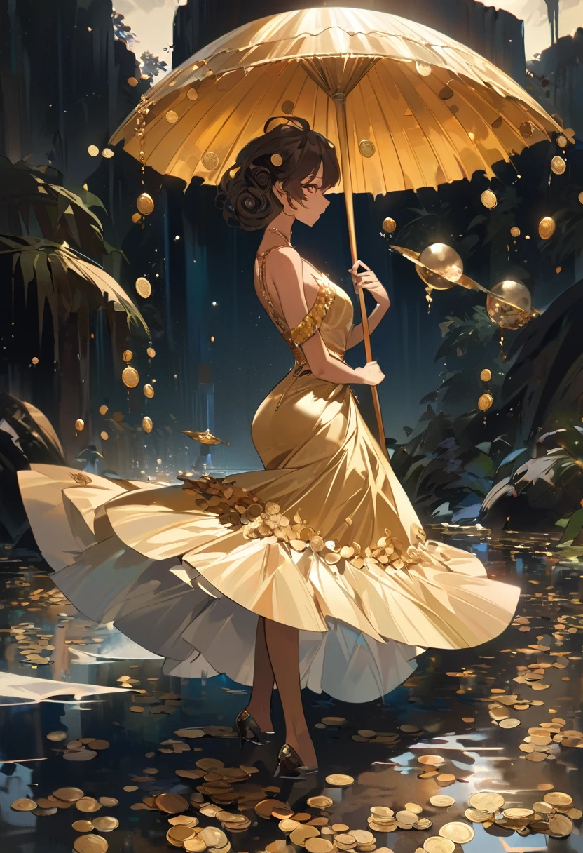 1girl,solo, slender figure, tanned skin color, the eyes are dark brown, (hair is curly, black), mysterious girl dressed in gold and jewels, lots of coins, lots of gold, bright makeup, insanely beautiful and elegant, lady of the lake, figurativism, impressionism, photography, scene, surrealism, (art by Andre kohn), (art by andreas franke)