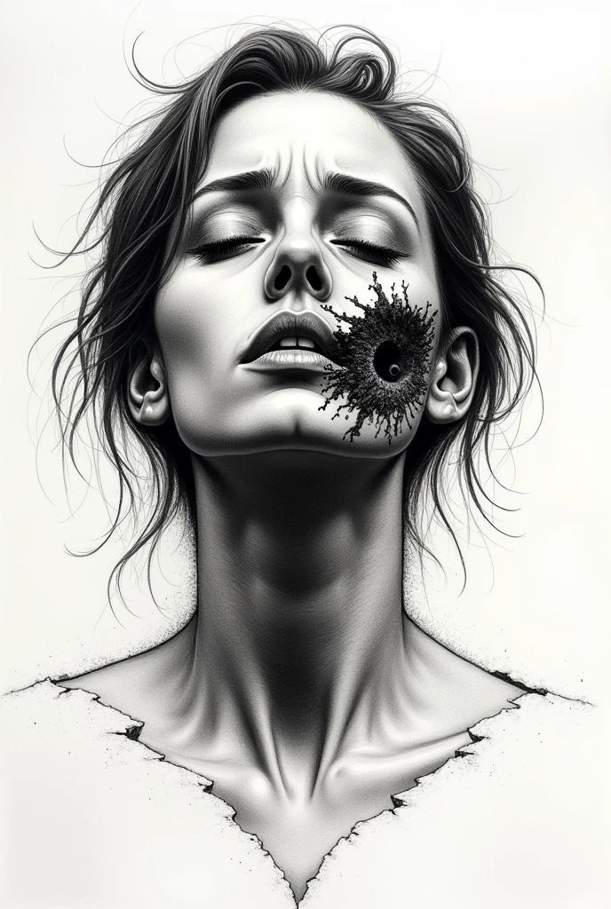 Woman with face falling apart surrealist style pen drawing