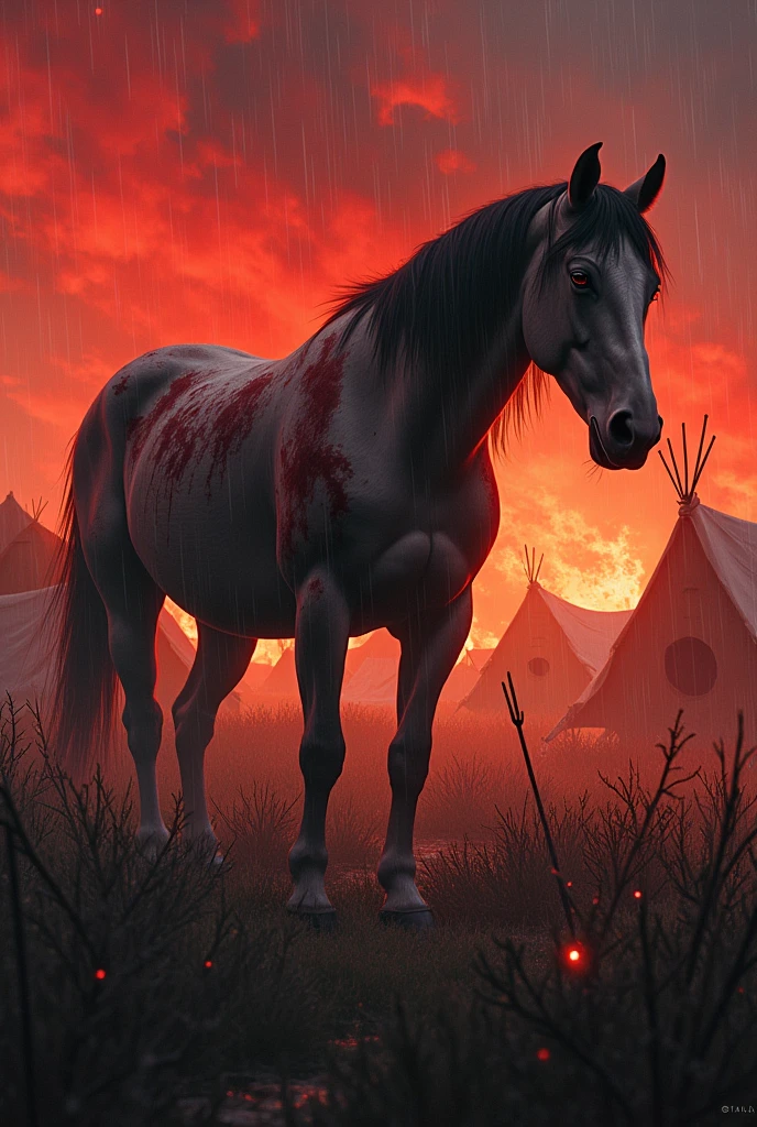 A wounded horse is eating in the field, the sky is bloody, it is raining with tears, the fire is on all sides, the tents are on fire, or the water is on them, they are throwing arrows on the horse.