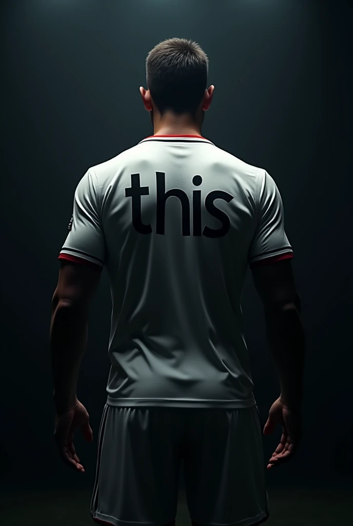 Create a soccer player with his back turned against a dark background and on the back of his shirt it says this K&C is the same image but with more zoom so that only the upper part can be seen