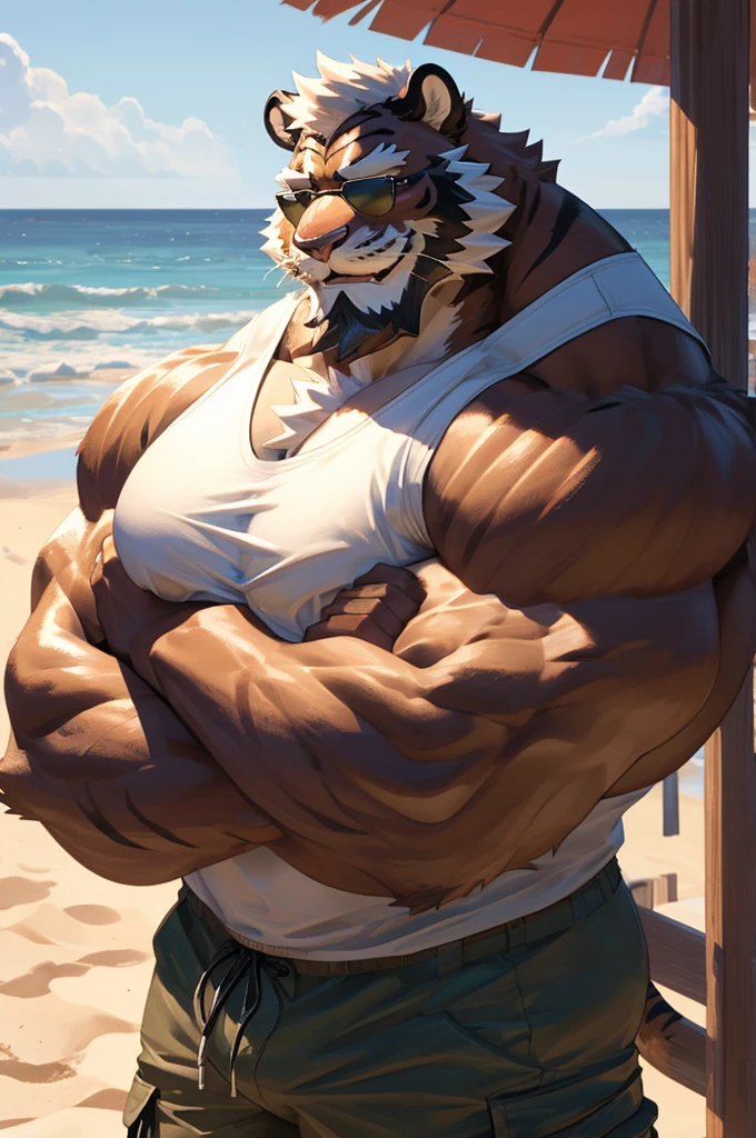 1boy, 1man, solo, a potrait (furry Tiger), (face, detailed face, bearded, white beard, thick mustache), (sunglasses), beach, extremely huge muscular, massive muscular , sixpack , (tanktop cargo shorts), well-muscled old man. ((extremely muscle size, super thick arms, huge pec, hyper pec, bigger chest, extremely wide pectoral , huge arms)), wide smiling. Add textures and details to make the image more realistic, such as the appearance of the. Make sure the resulting image is high resolution, 8K quality