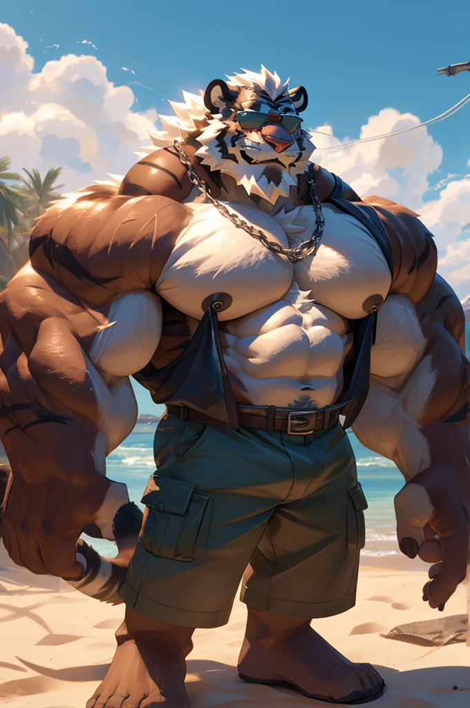 1boy, 1man, solo, a potrait (furry Tiger), (face, detailed face, bearded, white beard, thick mustache), (sunglasses), beach, extremely huge muscular, massive muscular , sixpack , (tanktop cargo shorts), well-muscled old man. ((extremely muscle size, super thick arms, huge pec, hyper pec, bigger chest, extremely wide pectoral , huge arms)), wide smiling. Add textures and details to make the image more realistic, such as the appearance of the. Make sure the resulting image is high resolution, 8K quality
