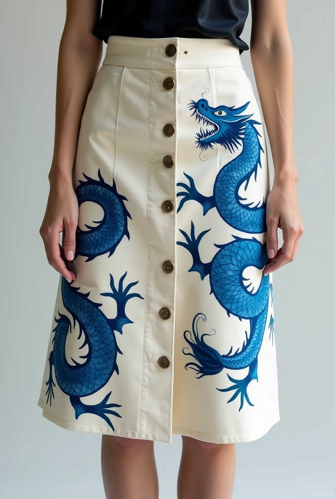 Modern short skirt in raw cotton fabric, with dragons painted blue, like oriental ceramic drawings