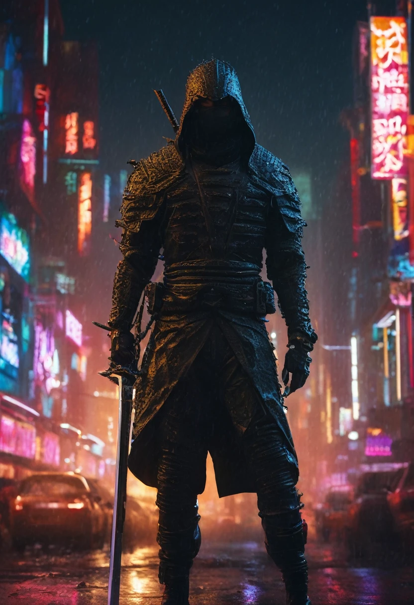 Ninja glamor shot. Ninja has a sword behind his back. Cyberpunk, surrounded by neon city lights, realistic, lifelike, morbid, dark, highly detailed, octane, wet, dense atmospheric, epic, dramatic, empty, creepy, security camera footage, photorealistic, hyper rich detail, photography by Irakli Nadar and Reilia Slaby, bokeh, particles, ultra detail, sci-fi, intricate art masterpiece, sinister, matte film poster, golden ratio, cgsociety trends, intricate, epic, artstation trends, by artgerm, h. r. Giger and Beksinski, highly detailed, vibrant, cinematic character rendering, ultra-high quality model