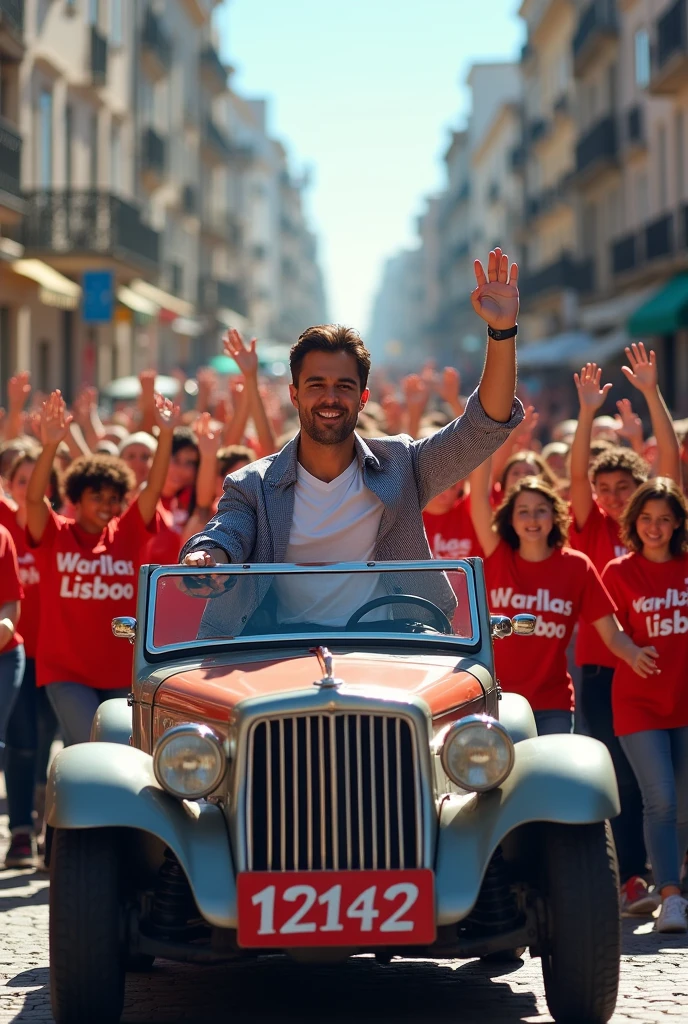 Create 8 images of a crowd of happy people wearing the shirt with the name Warllas Lisboa and below the name the number 12123 ( in a councilor's motorcade in a city)