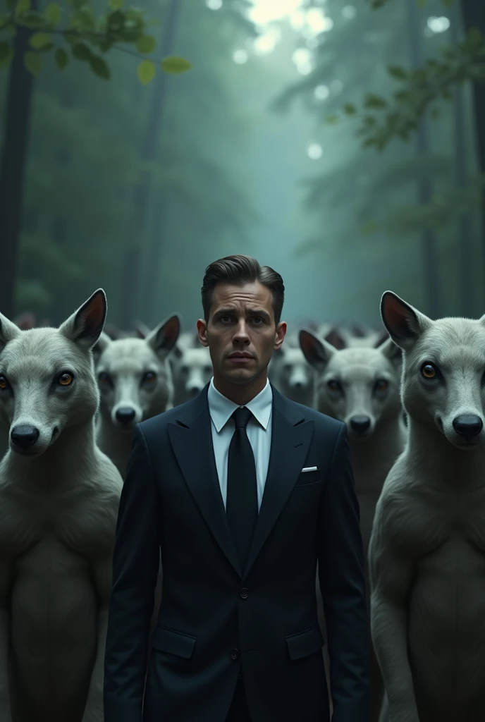 The realistic image of a modern human dressed in a suit and tie among anthropomorphic animals (dog, cat, wolf, lion, frog, ...). The human character is more illuminated and stands out from the rest of the characters. Detailed face, clear eyes. They are all walking together as if in a demonstration, but nobody says anything. The faces are of indifference, except for the human who has a surprised face. In the background the image of a leafy forest with fog. Dark color palette of blue, black and green. Top Quality, Masterpiece, Ultra High Resolution, (Photorealistic: 1.4), Raw Photo, insane details, art by H.R. Giger