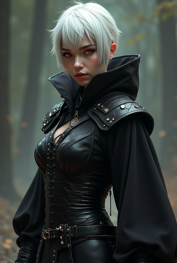tiger girl ,with warrior pose ,with white hairs ,wearing black medieval clothes ,angry ,Eyes red ,with short hair, chic