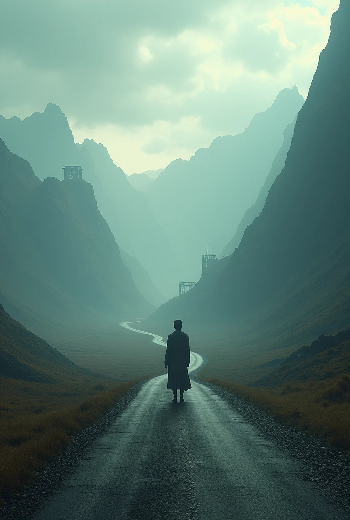 A lone figure on a long road, surrounded by a vast landscape, digital art, cinematic lighting, concept art