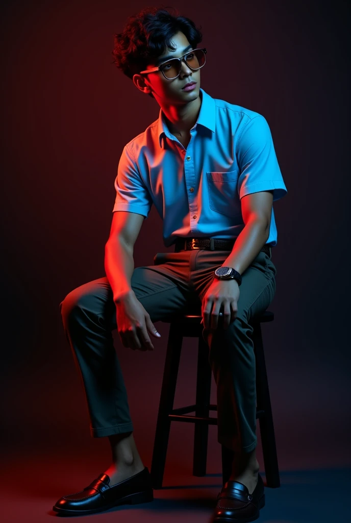 A  tan boy with  and black wave hair and wearing a sunglass and sky blue short sleeve shirt tucked with dark brown belt with black long trousers, old watch, dark brown loafers sitting on black stool and black background red and blue light on it and the boy turning right side and seeing right side 