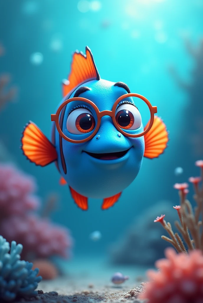 A cute little fish, inspired by a disney pixar cartoon character in blue and coral colors, that lives at the bottom of the sea, has beautiful eyes and wears glasses to see better
