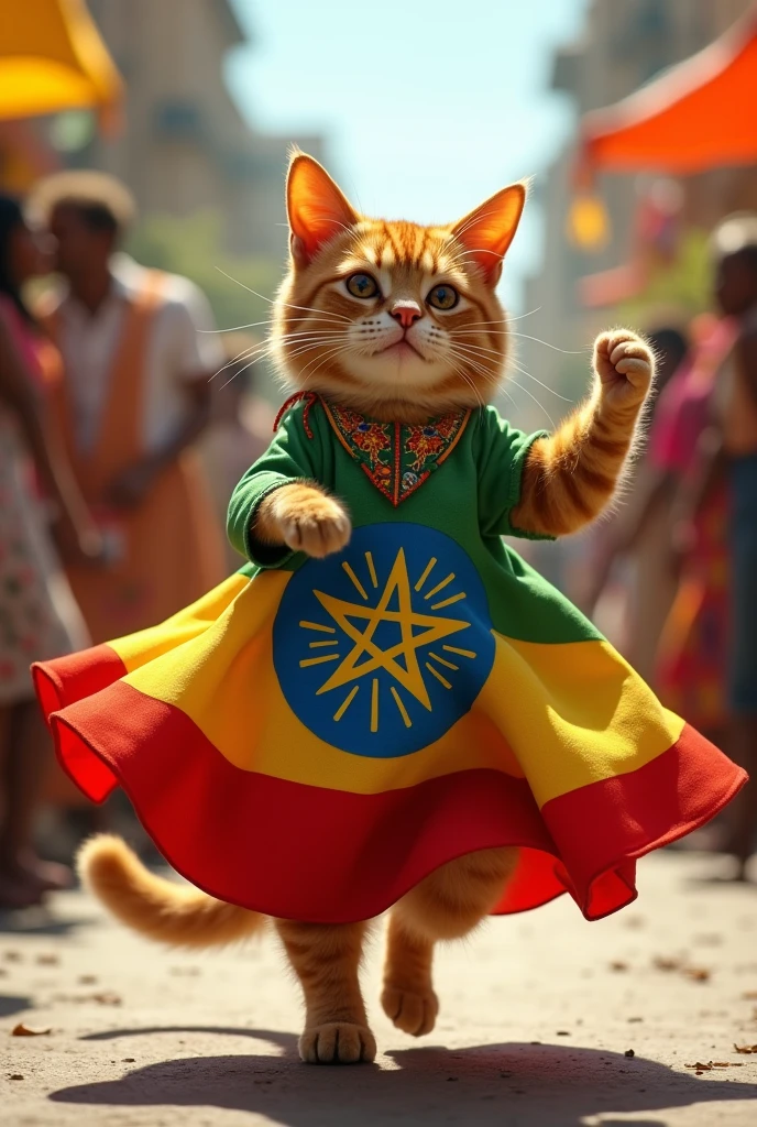 Un chat Habiller avec un Drapeau ÉTHIOPIEN  🇪🇹 DANS UNE DANSE 