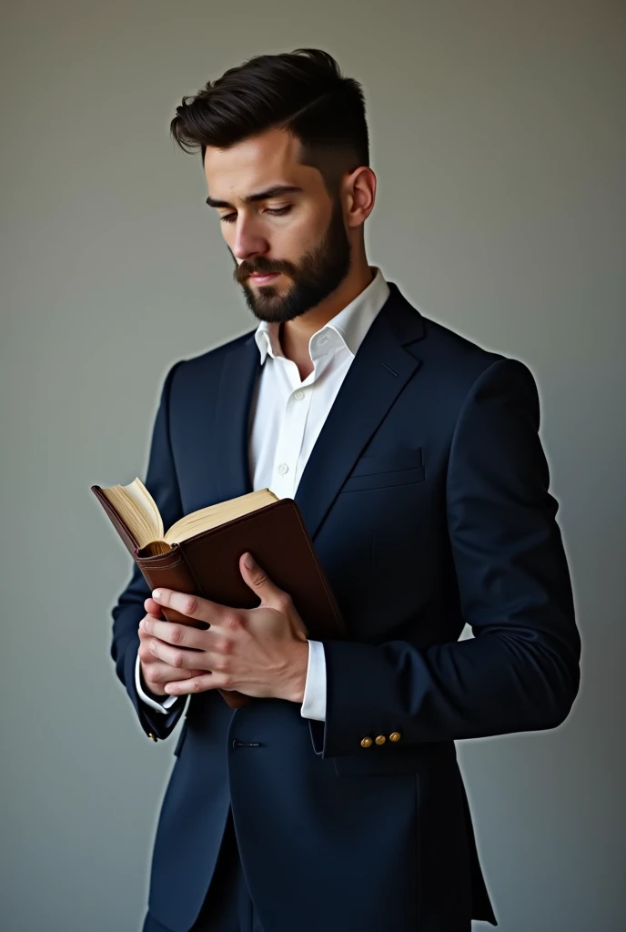 A young man with a black beard,wearing a dark blue suit,holding a bible on his hand