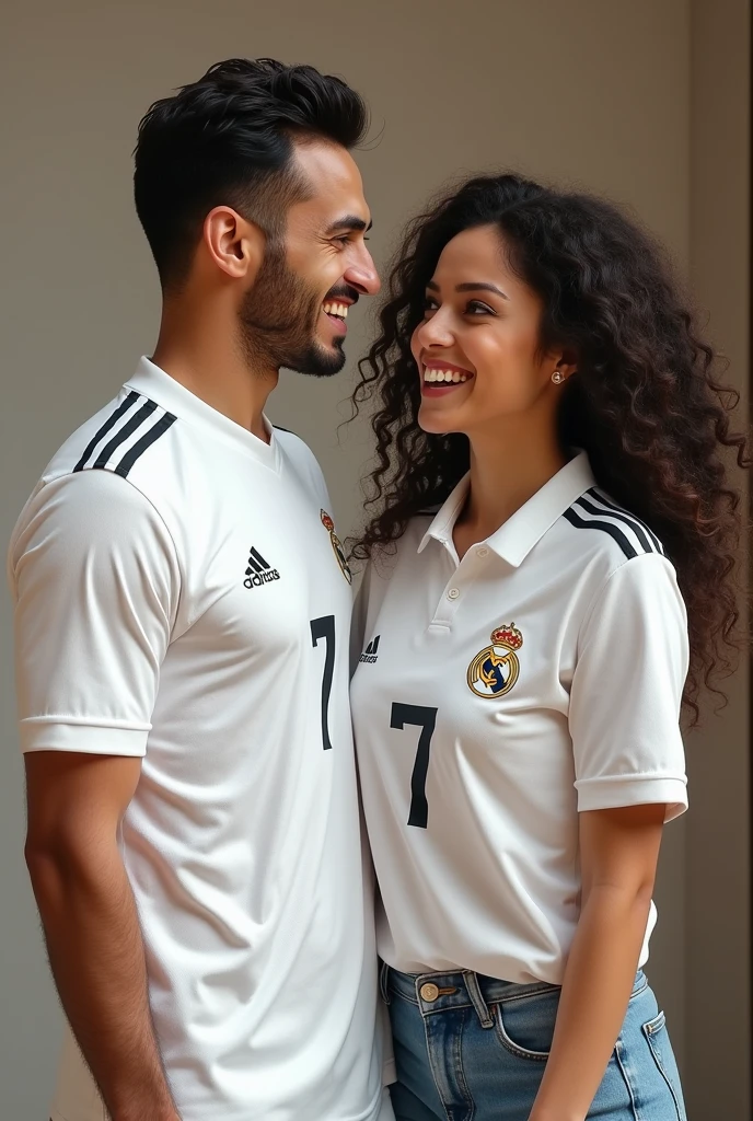 A couple with white Real Madrid shirts with the number 7 and the man says Luis and the woman says Yeica and the woman says Yeica from behind