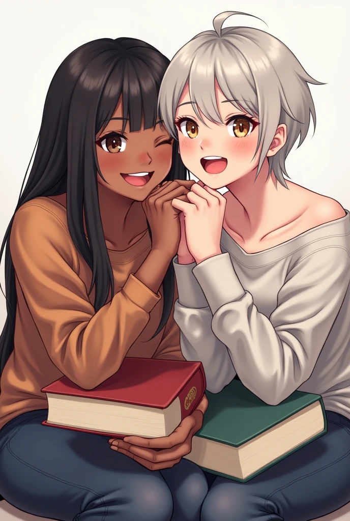 work of art, best qualityer,, two friends, one black with long straight hair and the other white with short hair and bangs , Grinning, sitting,, wearing pants and shirt, bared shoulders, Off The Shoulder, Grinning, with books in both their hands , , hands together, hands on chin,, trunk,, 