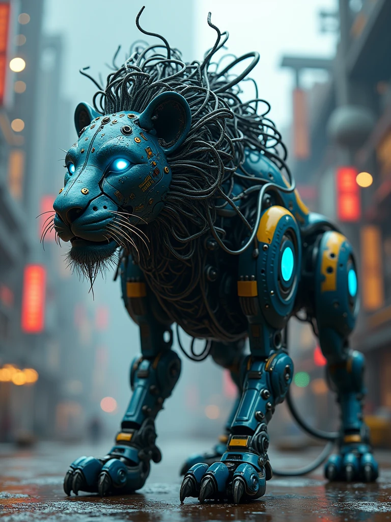 ((Masterpiece artwork, 16K, best qualityer, high resolution: 1.3)), (A portrait of a biomechanical Mosquito robot: 1.2), (Hyperdetailed and intricate matte painting by Jean Baptiste Monge, Jesper Ejsing, Anton Fadeev, Peter mohrbacher: 1.2), (hypermaximalist, Precision: 1.2), (blue, greens, yellows: 1.2), (The robot lion is a fusion of organic and mechanical elements: 1.2), (Its mane is composed of intricate details,  Tendrils and metallic wires:1.2), (Its eyes gleam with a vibrant blue light, Suggesting AI:1.2 Advanced), (The body is a complex arrangement of gears, Pistons and circuits:1.2), (The mechanical parts are perfectly integrated with the organic features, Creating a harmonious blend:1.2), (The background is a futuristic industrial landscape with imposing structures and neon lights:1.2),  (The composition showcases the intricate details of the robot lion and the futuristic setting:1.2), (A moment frozen in time, capturando a essência do avanço tecnológico e da Precision artística:1.3), AR-16:9