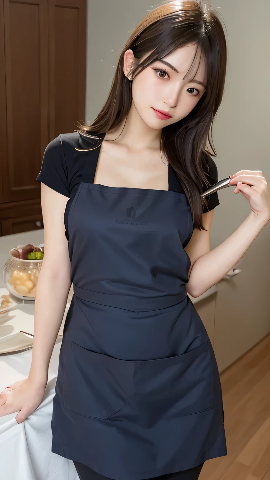 Tabletop, Highest quality, figure, Very detailed, In detail, High resolution, 8k wallpaper, Perfect dynamic composition, Beautiful attention to detail, (Naked Apron 1.2),Medium Hair, Natural color lip, Random sexy poses,