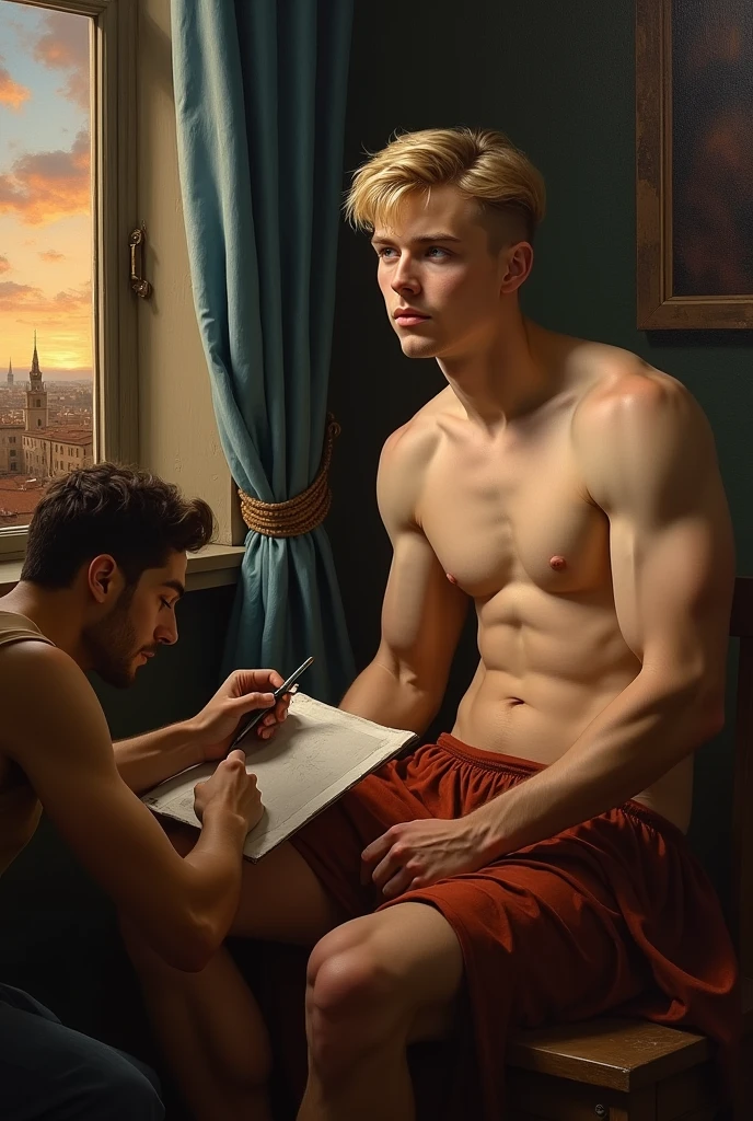 anime+hentai+yaoi Rembrandt+Baroque+oil_painting., whole body, colores intenso duros vividos un joven rubio nordico cuerpo tonificado fuerte piel blanca shirtless, barefoot, blonde hair blue eyes no beard, gentle look, shirtless, a Latin painter, delgado, black hair blond man is sitting at the window watching the sunset in Rome, The painter makes a drawing of the young blond boy