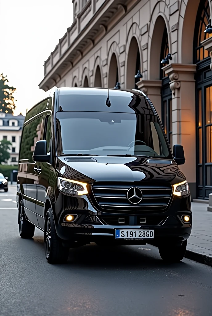 arafed black van parked on the side of the road in front of a building, luxury, award-winning masterpiece, 3/4 front view, front profile, mercedes, luxurious, black car, high quality picture, vehicle profile, vehicle photography, new vehicle, acclaimed masterpiece, front profile shot, a wide full shot, mercedez benz, full car