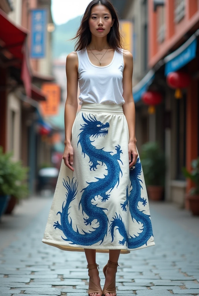 Modern short skirt above the knees made of raw cotton fabric, with dragons painted blue, like oriental ceramic drawings