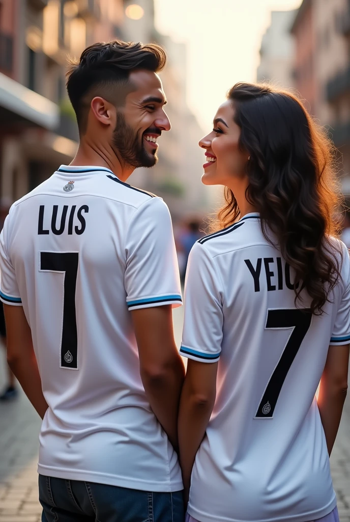 A couple with white Real Madrid shirts with the number 7 and the man says Luis and the woman says Yeica, the woman says Yeica back to back