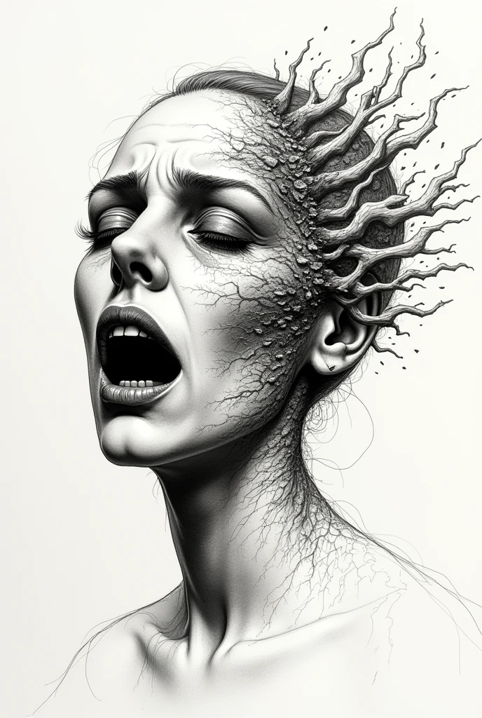 Woman with face falling apart surrealist style pen drawing