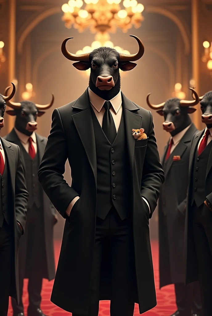 A Billionaire bull in his castle with his other bulls and wearing a black coat and having a small hamster in his coat pocket