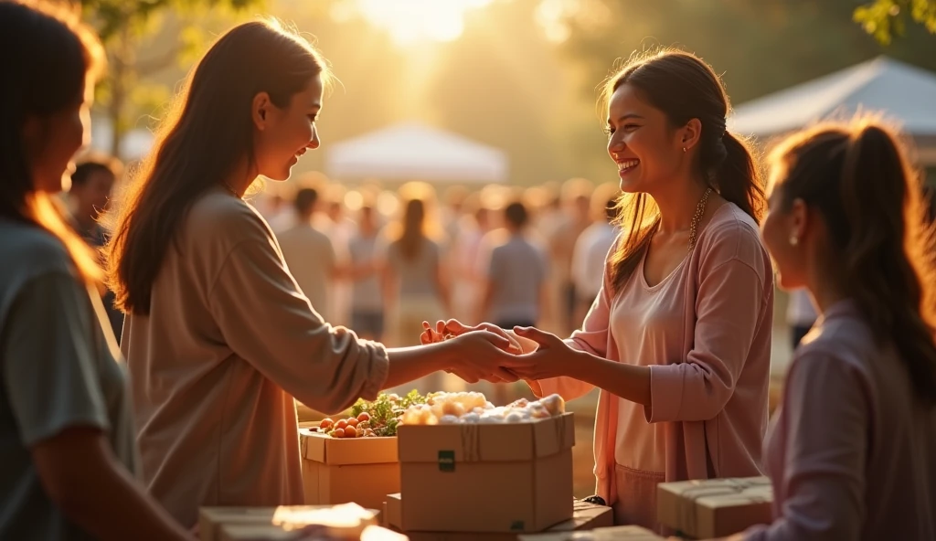 A caring individual helping out at a community event, distributing food or supplies. The setting is a warm, welcoming space with soft lighting and a sense of community. The scene embodies the nurturing and responsible qualities of life path number 6. --ar 16:9