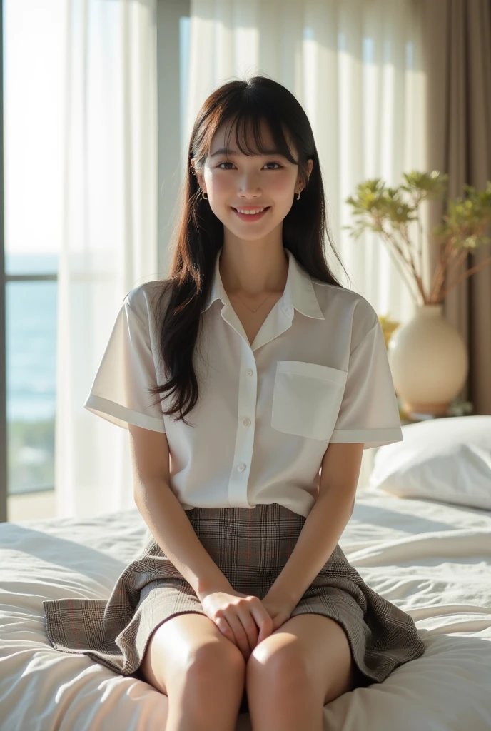 (High school girl in a suite:1.4, , Cute Face:1.5, Triangular face, Sitting on a luxurious bed), View your viewers, ((Embarrassing:1.3, smile:1.1)), shy smile, Open your mouth, Silky skin, Natural Makeup, Glossy Lips, Group shot, (Sexually suggestive:0.7), (Same school uniform:1.5, open-necked white shirt, See through , Place your hands on your chest:1.24), (naked :0.2), (Three Girls:1, Perfect Style, whole body), ((Slender body)), (Pleated Check Skirt, Showing panties), (RAW Photos:1.4),(( Legs wide open, ribbon, pantyhose:1.2)), (Gentle light, 16k wallpaper, RAW Photos, Idol), Become familiar, (Large windows with sea views, Expensive furniture:1.3, Sheets laid on the floor:1.4, Flowers in a planter) 