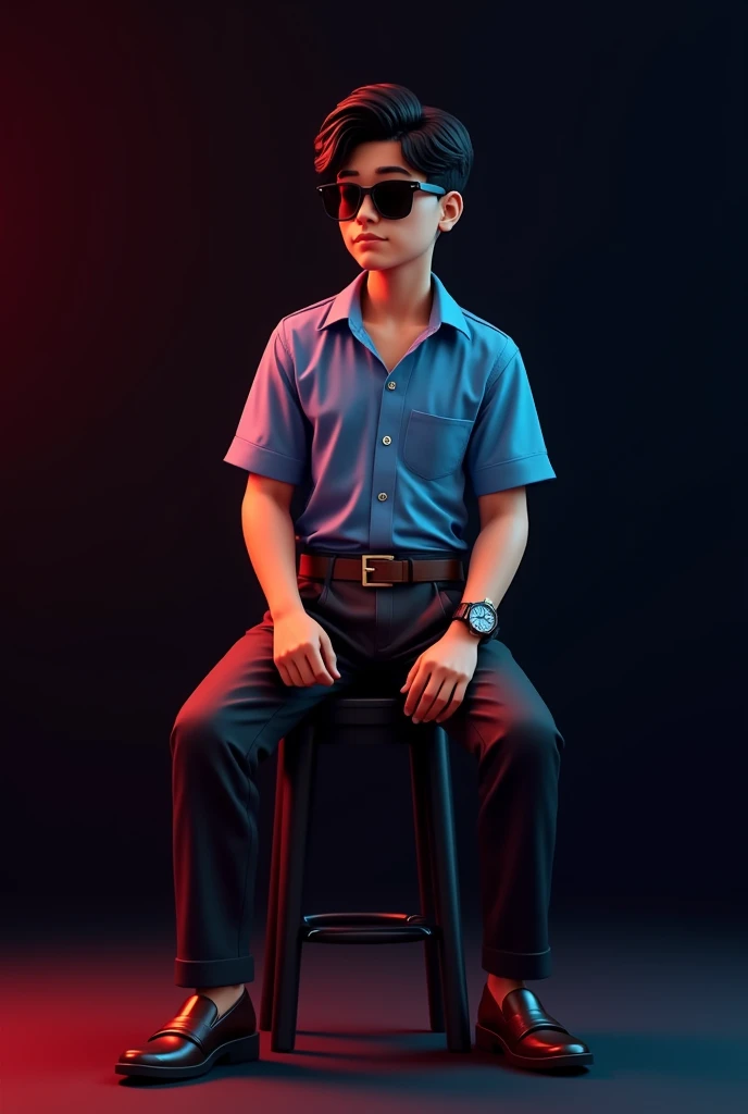 A tan boy with and black wave hair and wearing a black sunglass and sky blue short sleeve shirt tucked with dark brown belt with black long trousers, old watch, dark brown loafers sitting on black stool and black background red and blue light on it and the boy turning right side and seeing right side