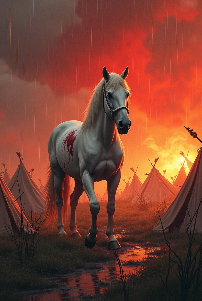 A real white wounded horse is eating in the field, the sky is bloody, it is raining with tears, the fire is on all sides, the tents are on fire, or the water is on them, they are throwing arrows on the horse.