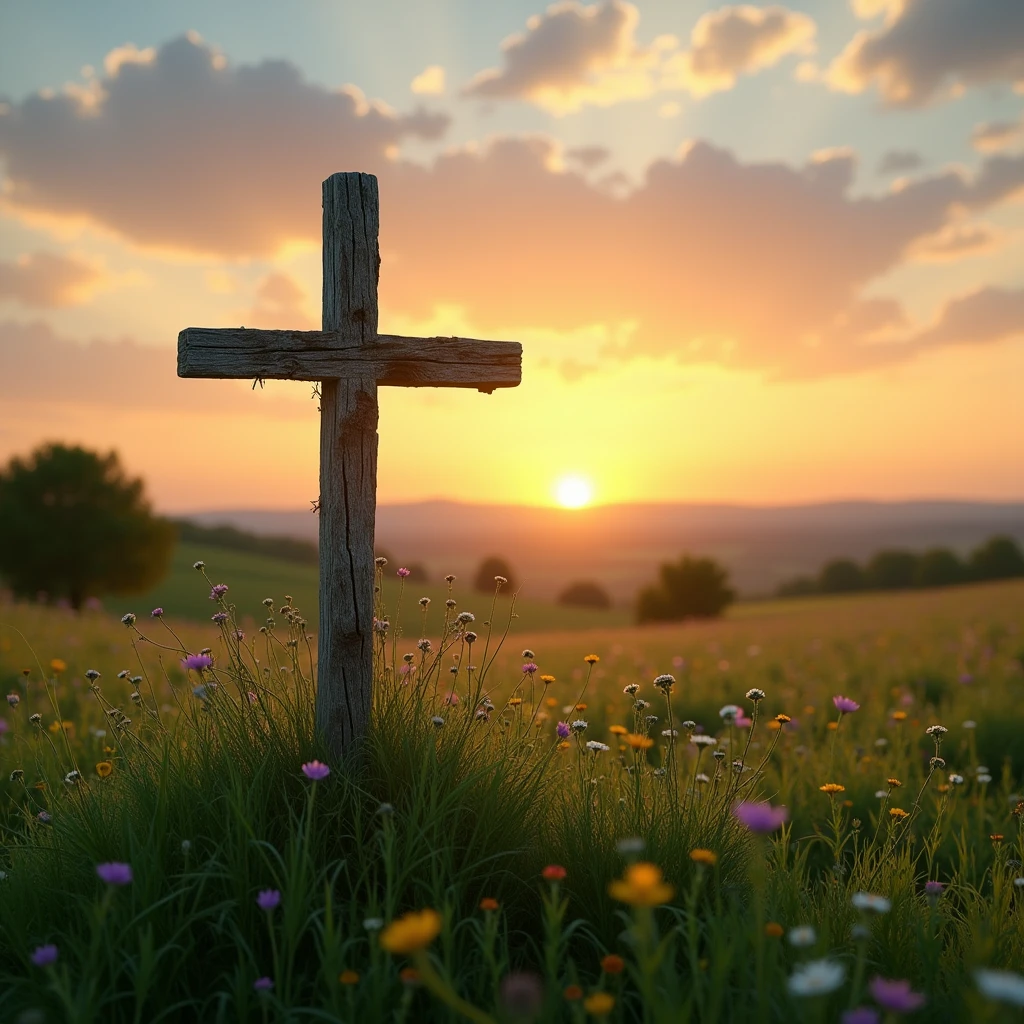 Cross at sunset in a beautiful field