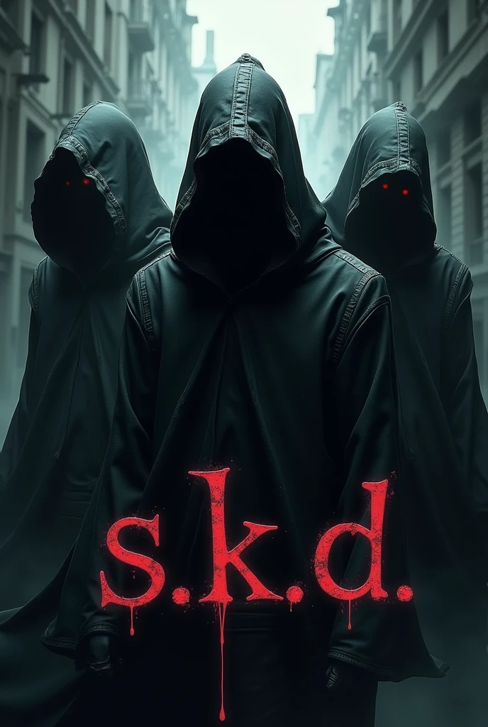 Logo gamer that says (s.k.D) and have three bad hooded criminals with some horror and death note character