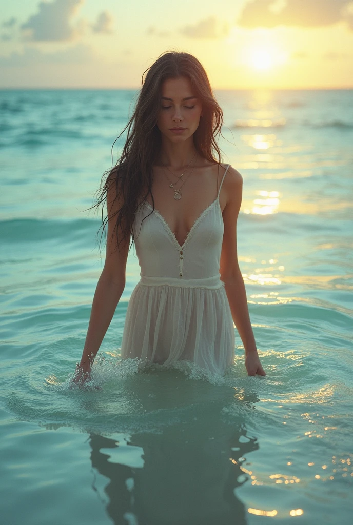 Beautiful Woman walking up from the sea with reflection 