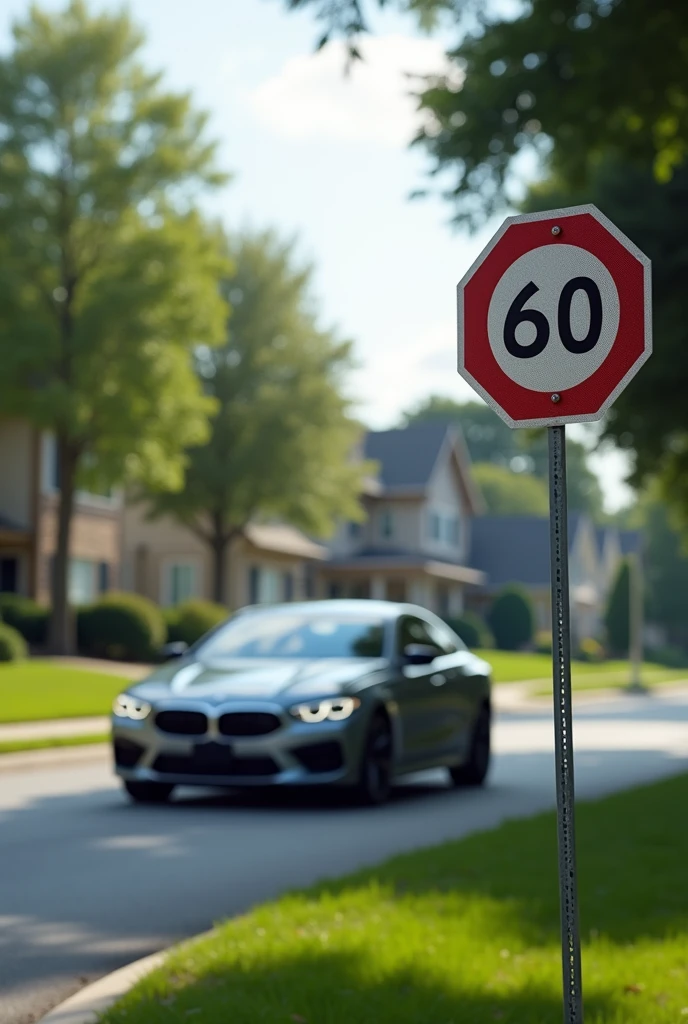 speed sign at 60 per hour and a car going at the correct speed